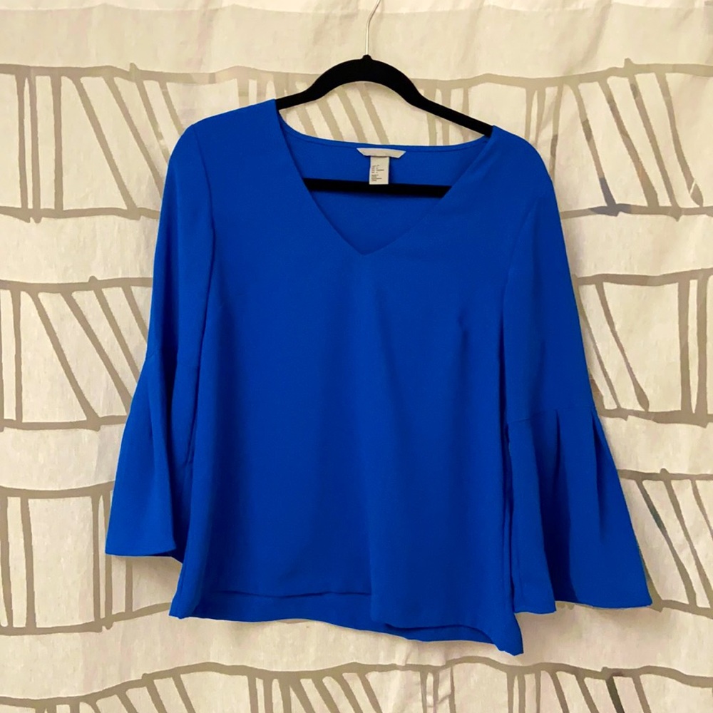 H&M Blue V-neck Bell Sleeve Top